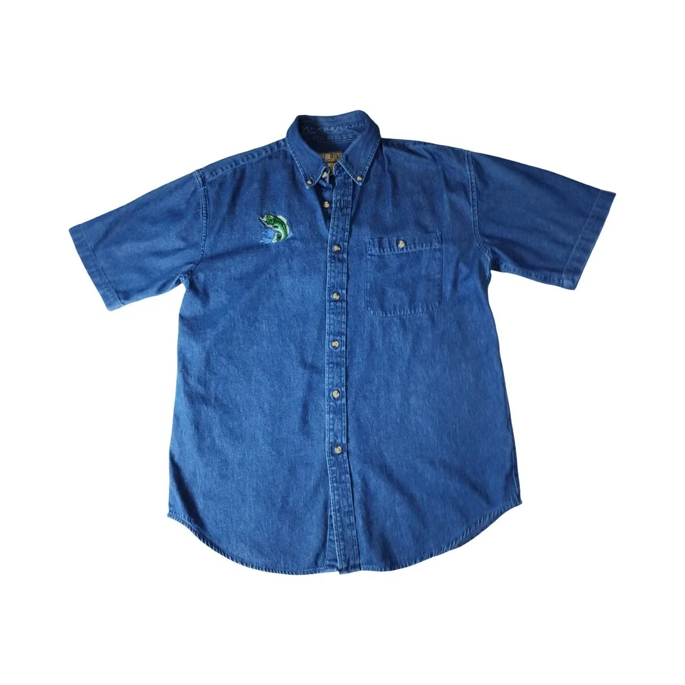 Sun River‎ Mens Blue Denim Bass Fish Embroidered Short Sleeve Shirt Medium